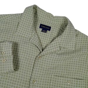Toscano 100% Silk Shirt Mens Large Green Grid Pattern Camp Collar Button Up